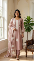Women Pitch Mirror Work With Elegant Embroidered Cotton Silk Kurta Pant Dupatta Set