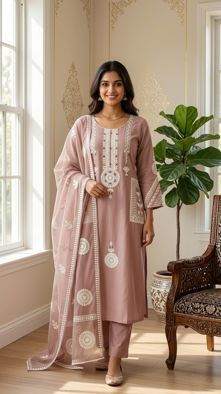Women Pitch Mirror Work With Elegant Embroidered Cotton Silk Kurta Pant Dupatta Set
