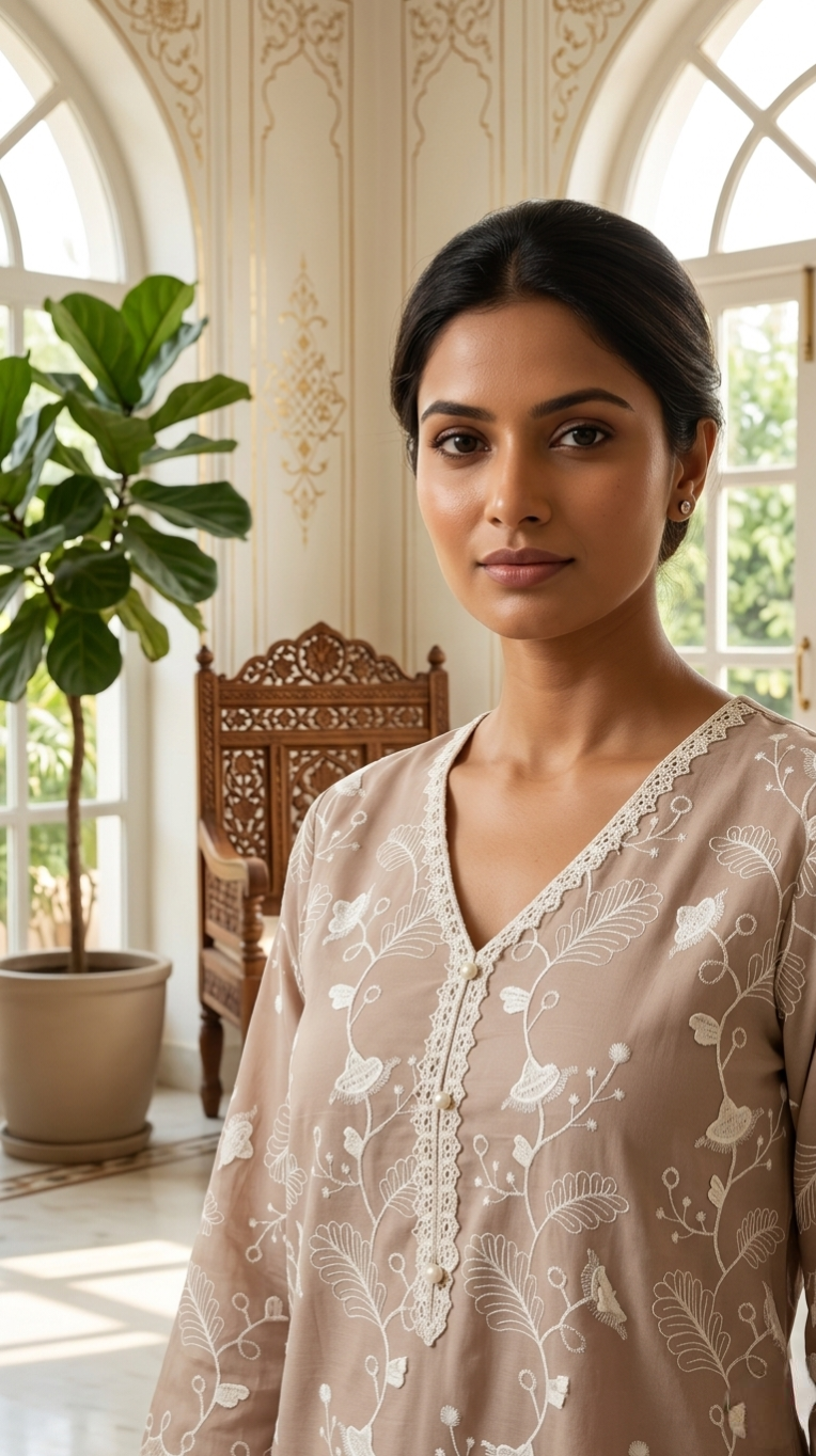 Women Light Brown Thread Embroidered Mul Cotton Kurta Pant Set