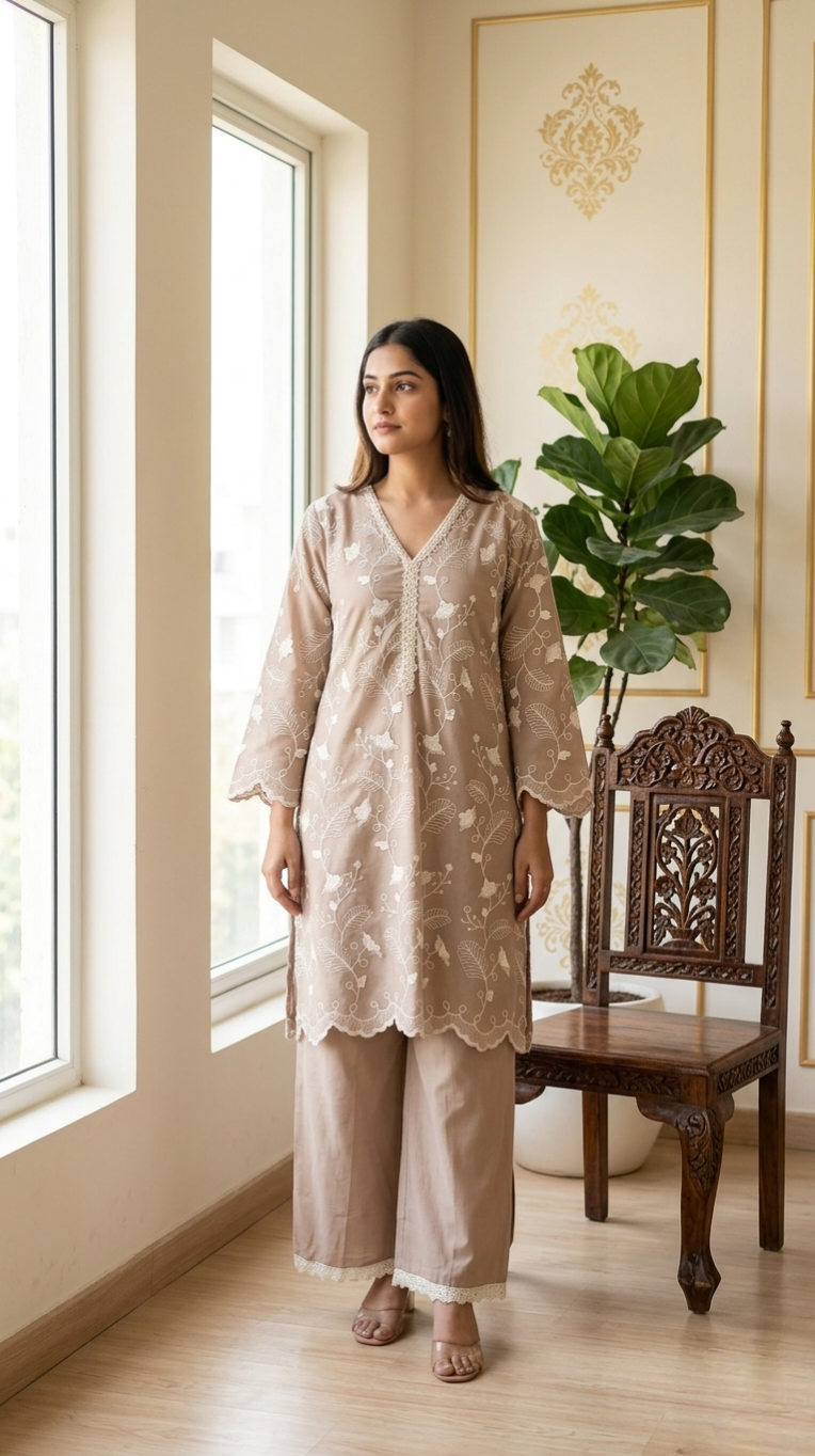 Women Light Brown Thread Embroidered Mul Cotton Kurta Pant Set