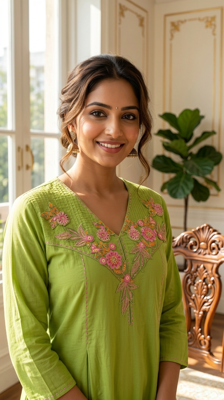 Women Light Green Thread With Applique Work Cotton Kurta Pant Dupatta Set