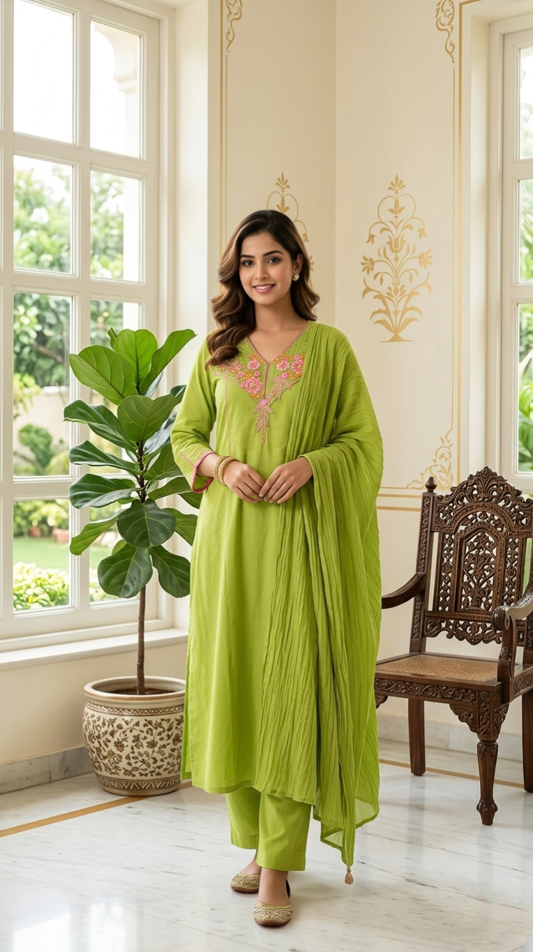 Women Light Green Thread With Applique Work Cotton Kurta Pant Dupatta Set