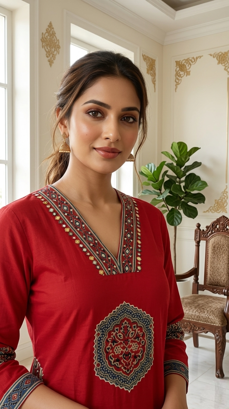 Women Red Patch With Mirror Work Cotton Kurta Plazo Dupatta Set