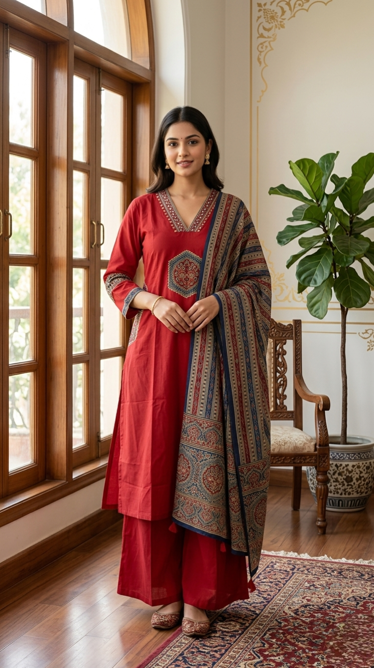 Women Red Patch With Mirror Work Cotton Kurta Plazo Dupatta Set