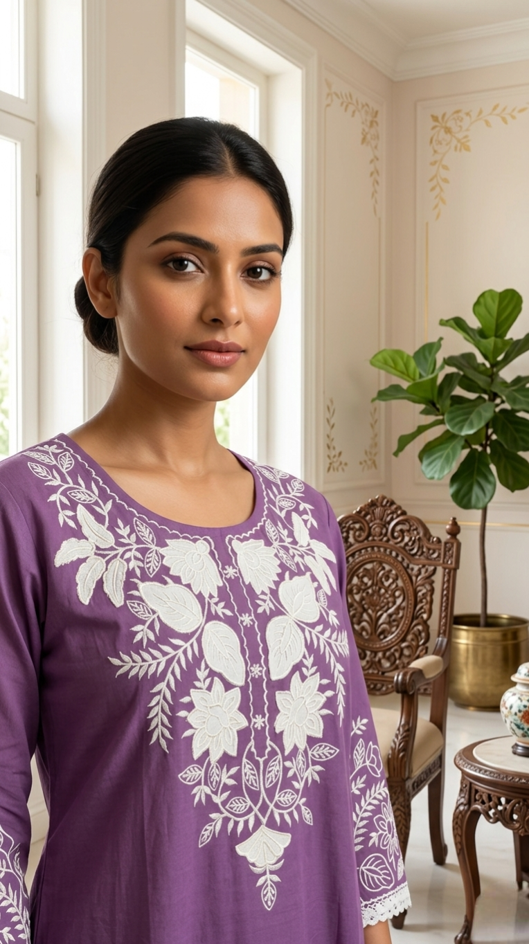 Women Purple Applique Work Cotton Kurta Pant Dupatta Set