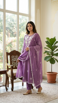 Women Purple Applique Work Cotton Kurta Pant Dupatta Set