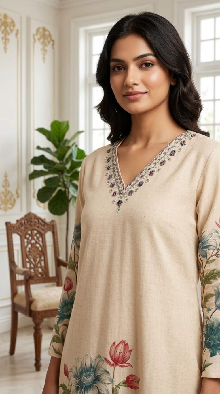 Women Beige Mirror And Beads Work Cotton Kurta Pant Dupatta Set