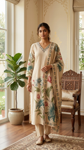Women Beige Mirror And Beads Work Cotton Kurta Pant Dupatta Set
