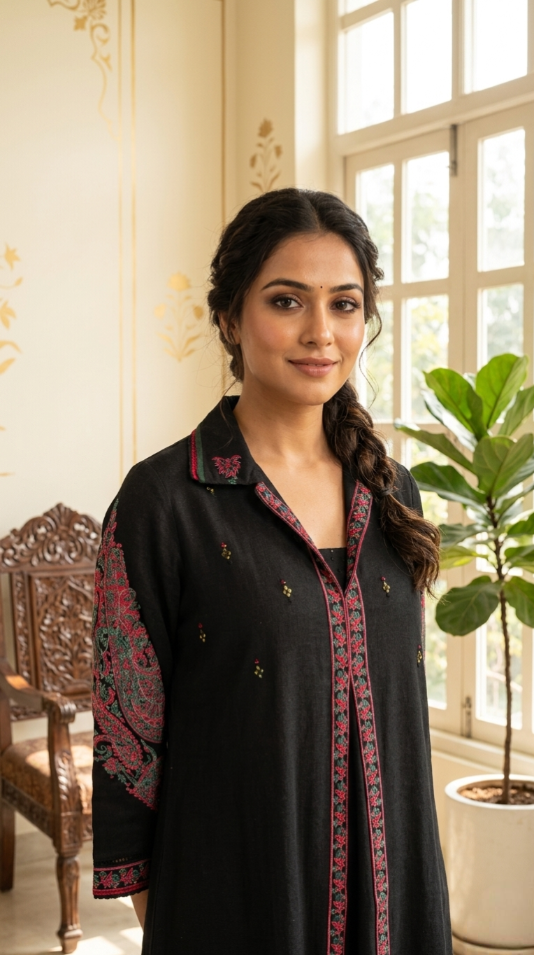 Women Black Embroidered Cotton Kurta Pant Set