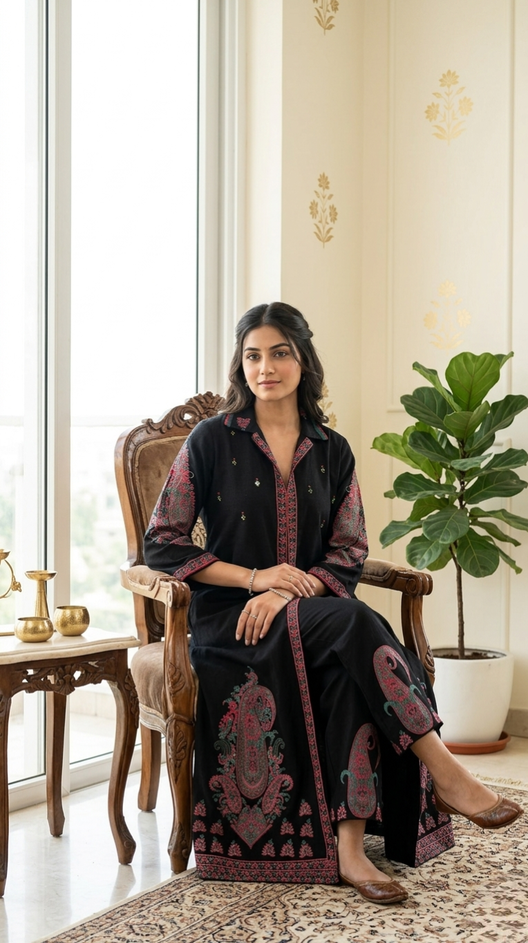 Women Black Embroidered Cotton Kurta Pant Set