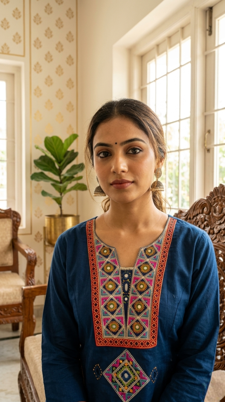 Women Navy Blue Mirror Work With Elegant Embroidered Cotton Kurta Plazo Dupatta Set