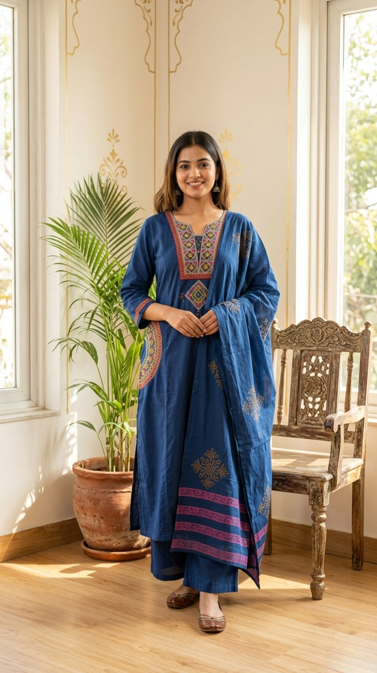 Women Navy Blue Mirror Work With Elegant Embroidered Cotton Kurta Plazo Dupatta Set