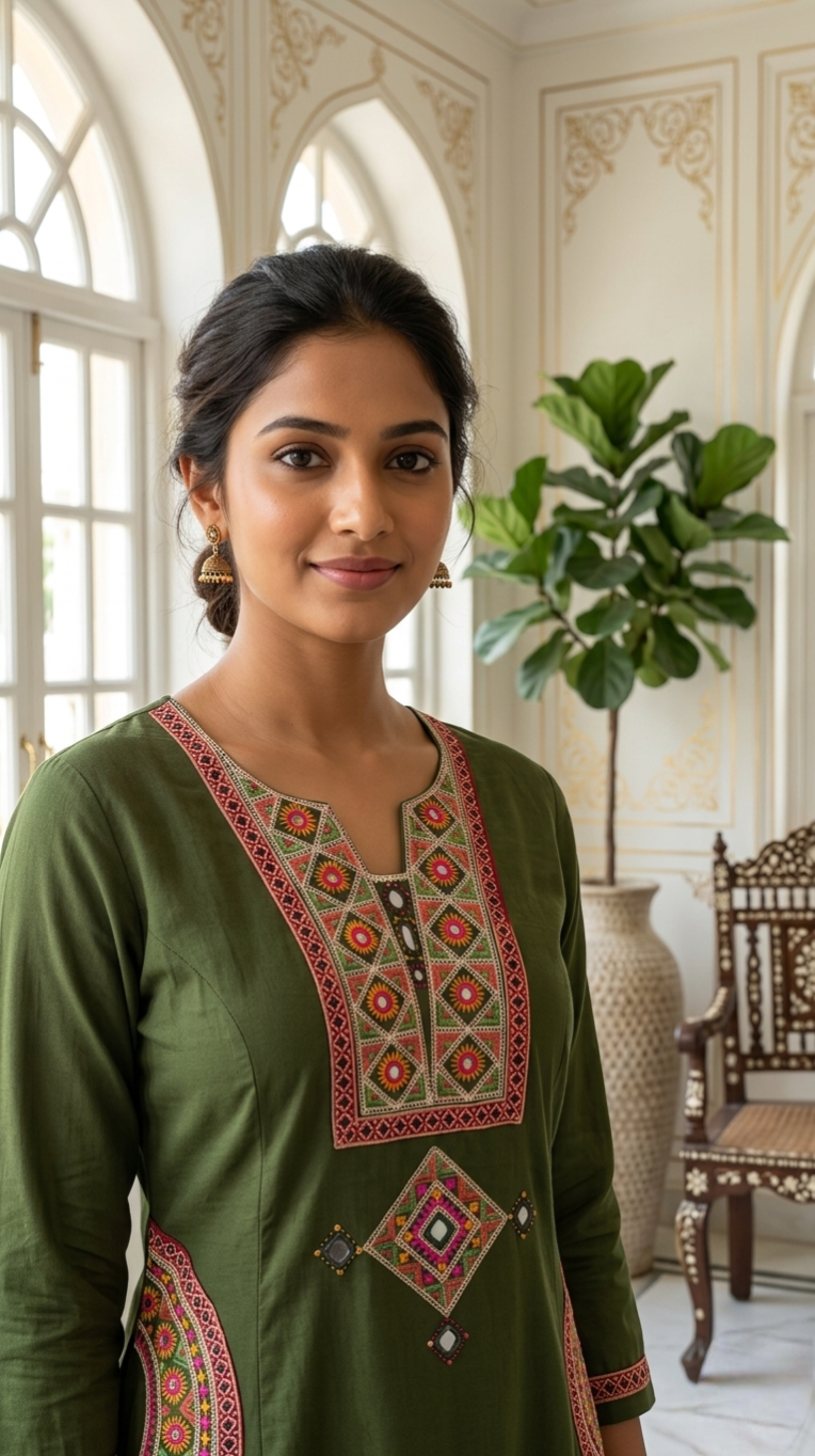 Women Mehandi Mirror Work With Elegant Embroidered Cotton Kurta Plazo Dupatta Set