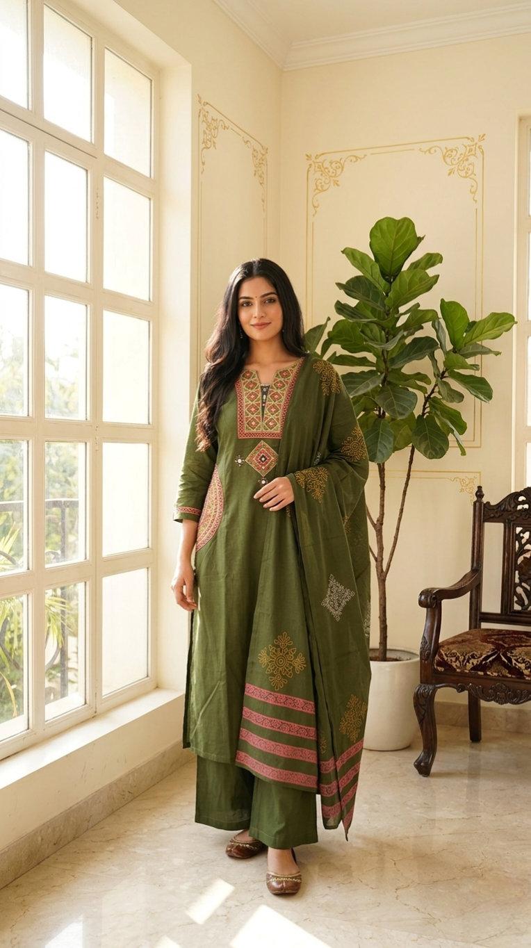 Women Mehandi Mirror Work With Elegant Embroidered Cotton Kurta Plazo Dupatta Set