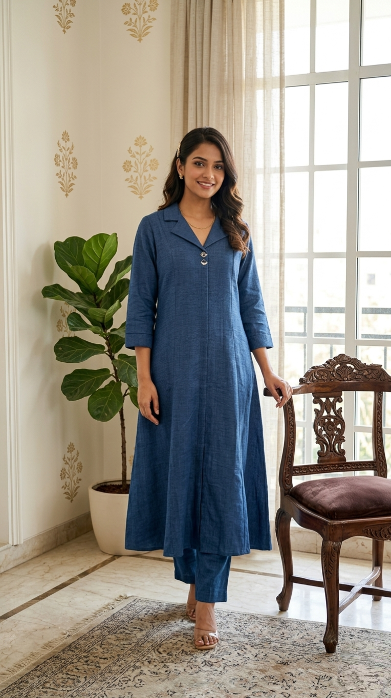 Women Navy Blue Embroidered Imported Cotton Kurta Pant Set