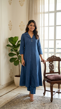 Women Navy Blue Embroidered Imported Cotton Kurta Pant Set