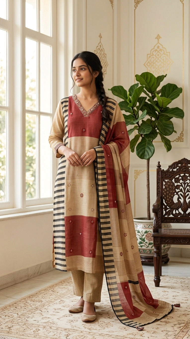 Women Multicolour Thread With Mirror Work Cotton Linen Kurta Pant Dupatta Set