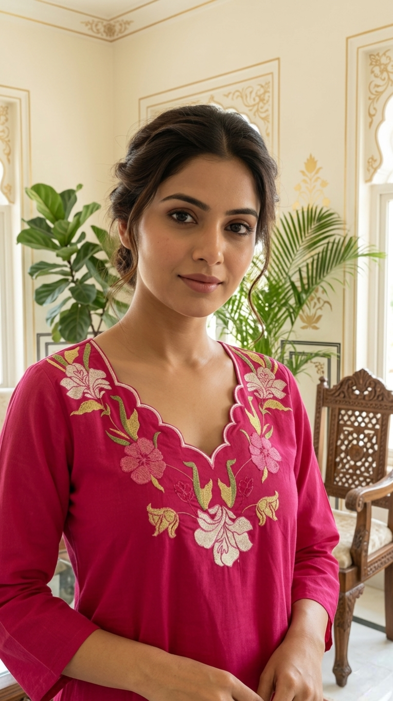 Women Pink Mirror Work With Thread Embroidered Cotton Kurta Pant Dupatta Set