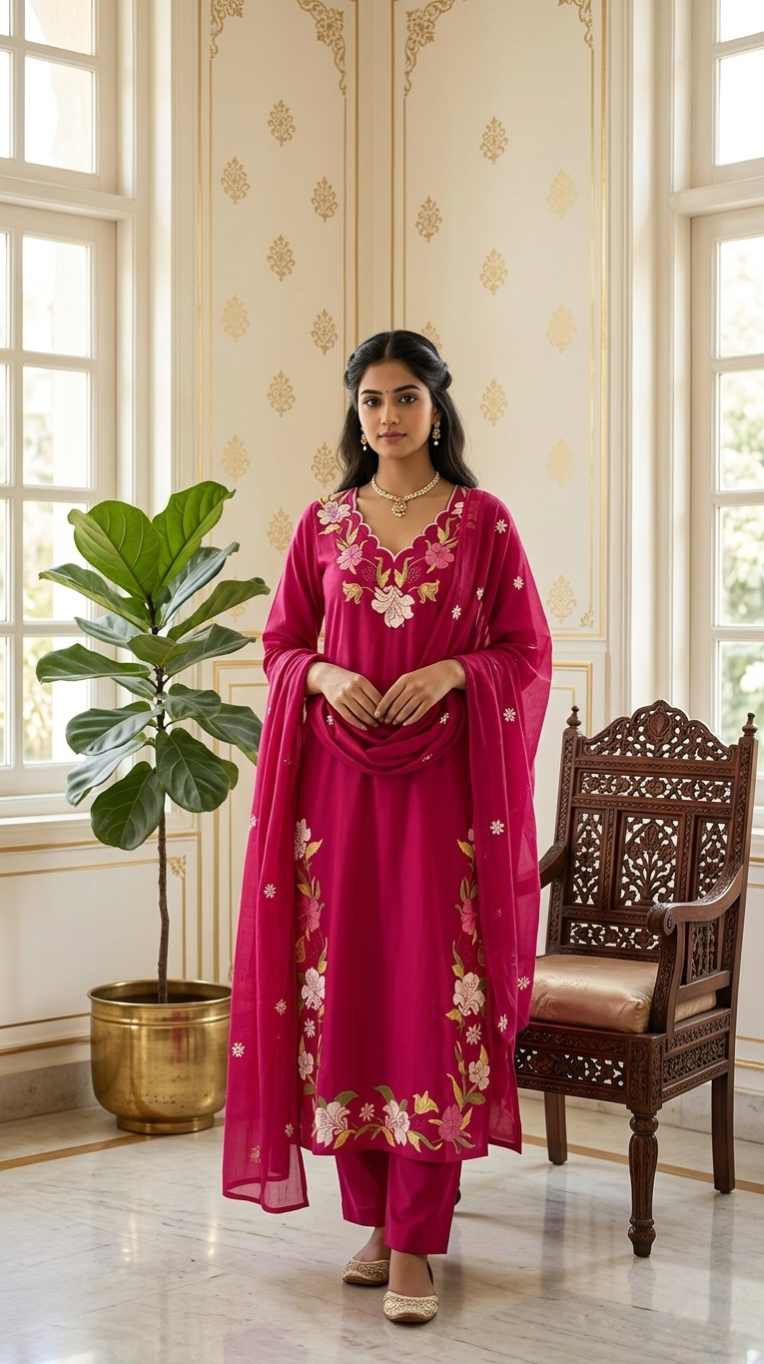 Women Pink Mirror Work With Thread Embroidered Cotton Kurta Pant Dupatta Set
