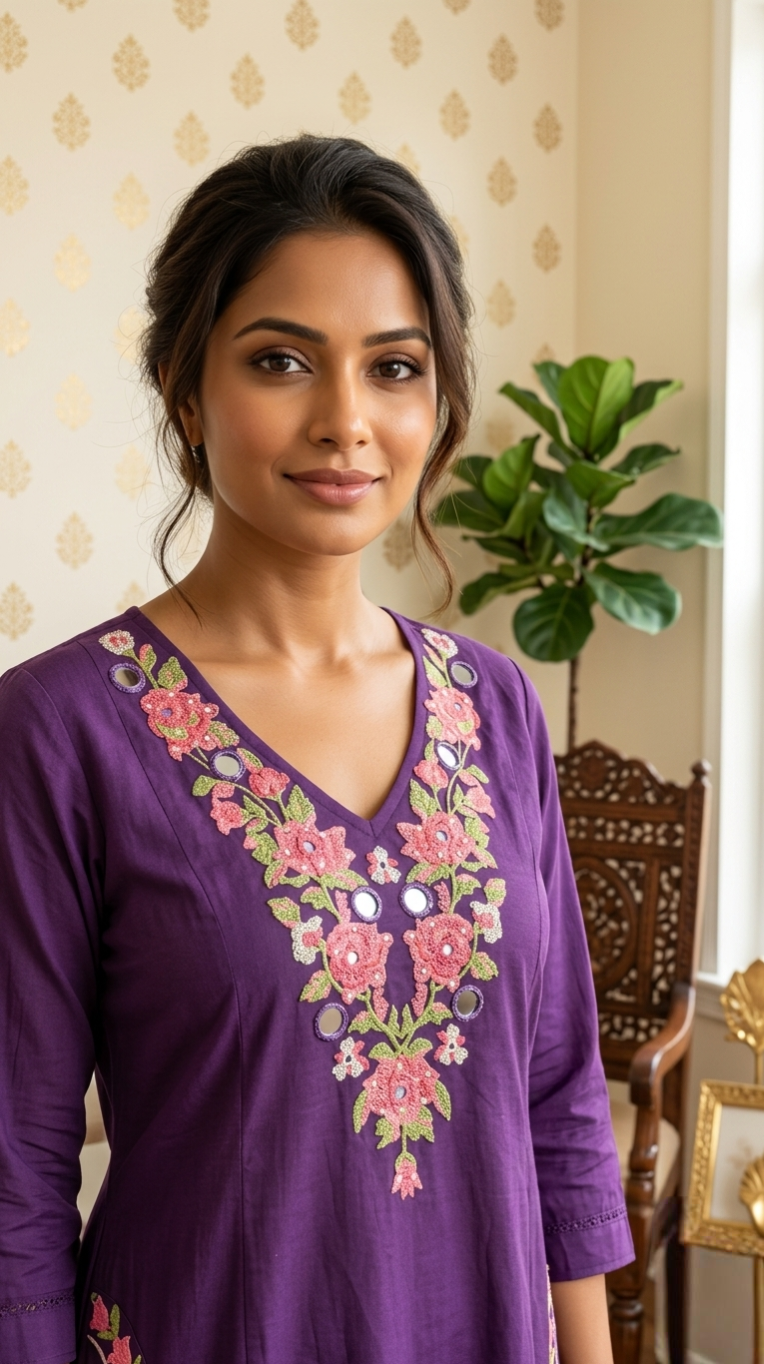 Women Purple Mirror Work With Thread Embroidered Cotton Kurta Pant Dupatta Set