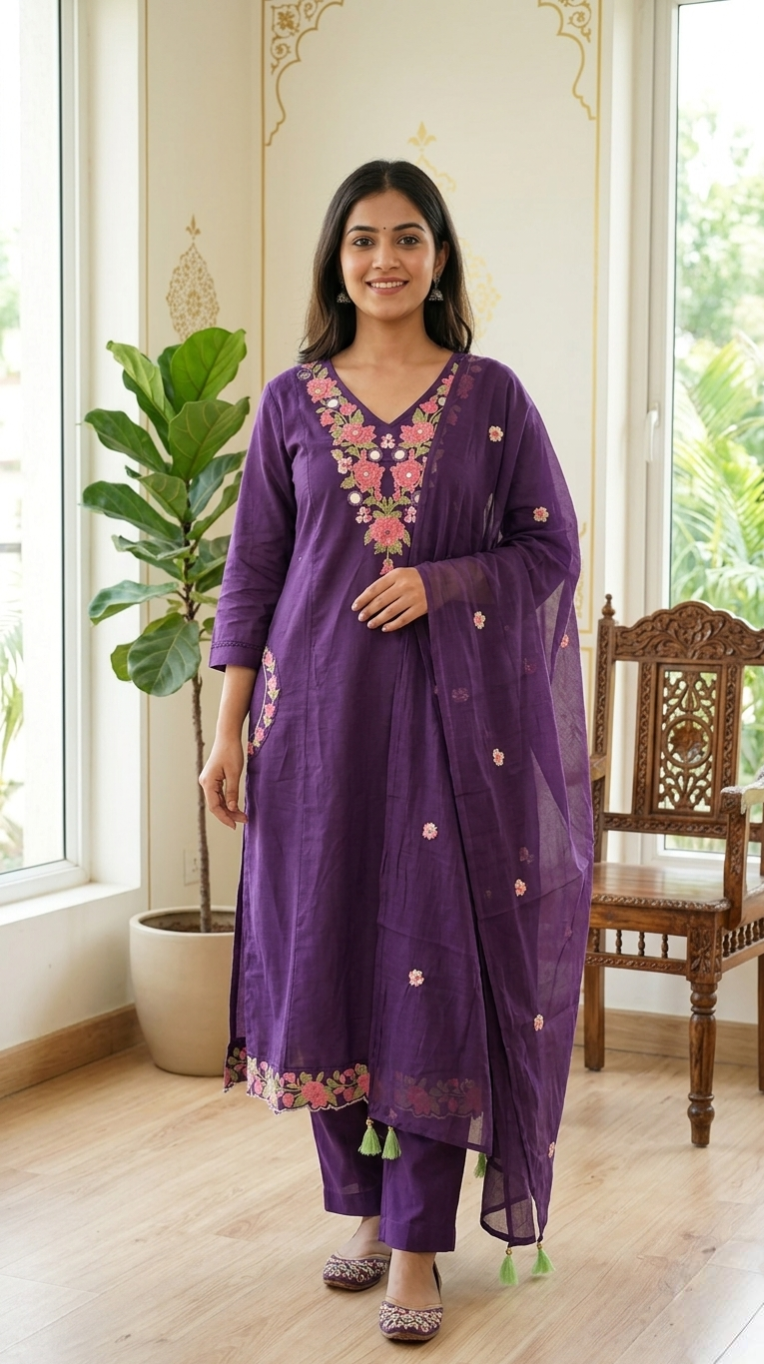 Women Purple Mirror Work With Thread Embroidered Cotton Kurta Pant Dupatta Set