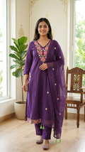 Women Purple Mirror Work With Thread Embroidered Cotton Kurta Pant Dupatta Set