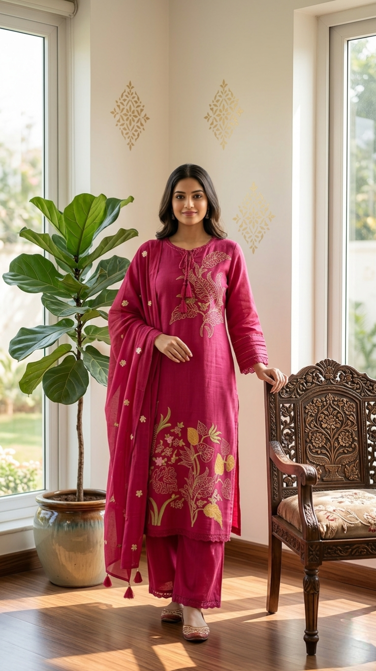 Women Pink Thread Embroidered Cotton Kurta Pant Dupatta Set