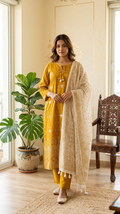 Women Mustard Yellow Mirror Work Cotton Kurta Pant Dupatta Set
