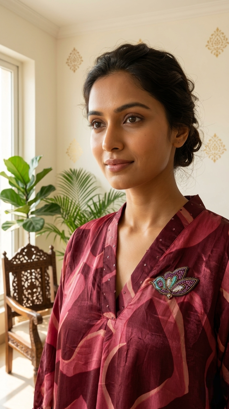 Women Multicolour Beads Work Fendi Silk Coord Set