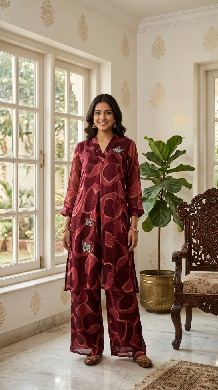 Women Multicolour Beads Work Fendi Silk Coord Set