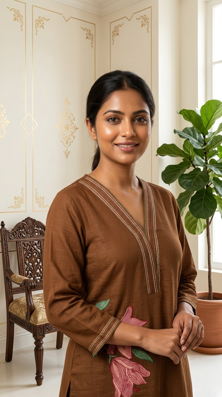 Women Brown Applique Work Cotton Kurta Pant Dupatta Set