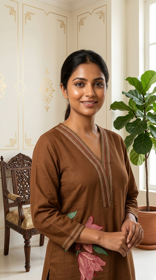 Female Brown Applique Work Cotton Kurta Pant Dupatta Set