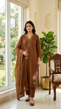 Women Brown Applique Work Cotton Kurta Pant Dupatta Set