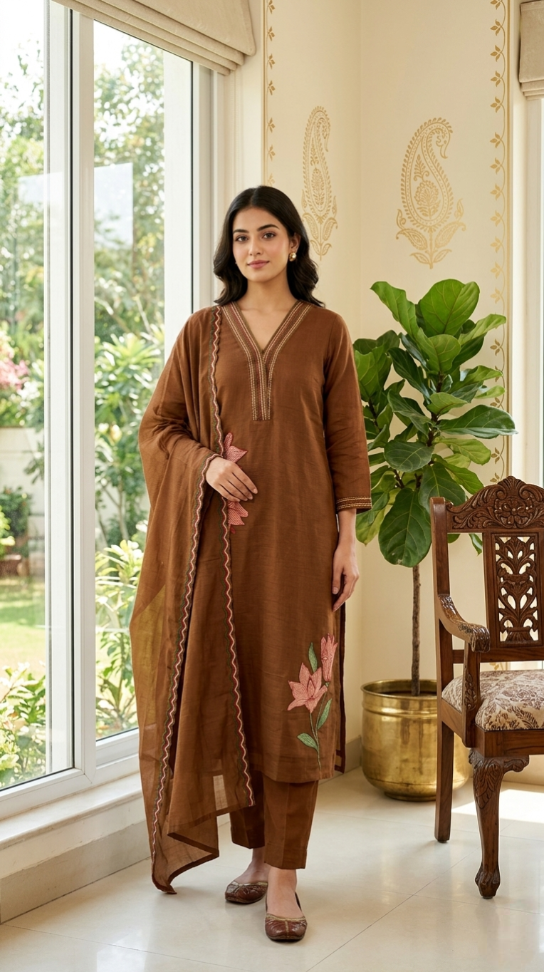 Women Brown Applique Work Cotton Kurta Pant Dupatta Set