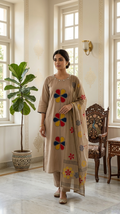 Women Cream Mirror With Patch Work Cotton Kurta Pant Dupatta Set