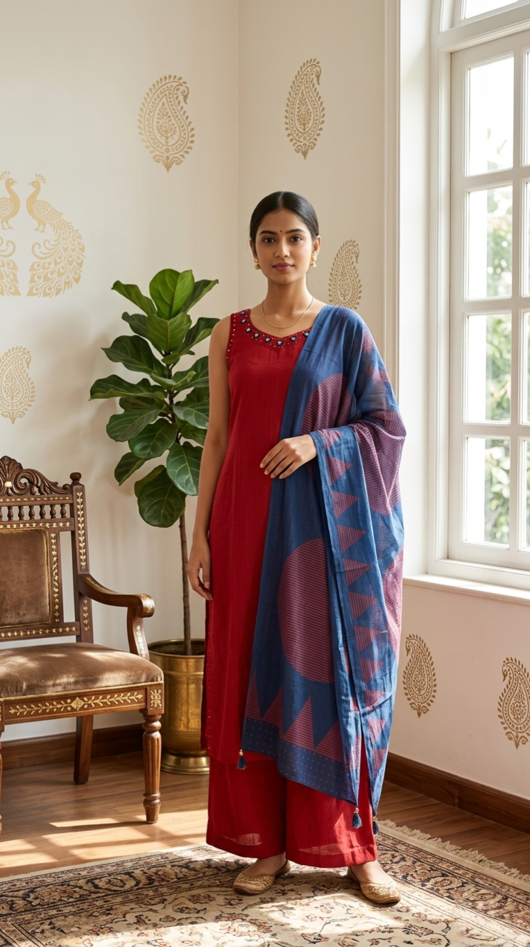 Women Red Mirror Work Cotton Kurta Plazo Dupatta Set