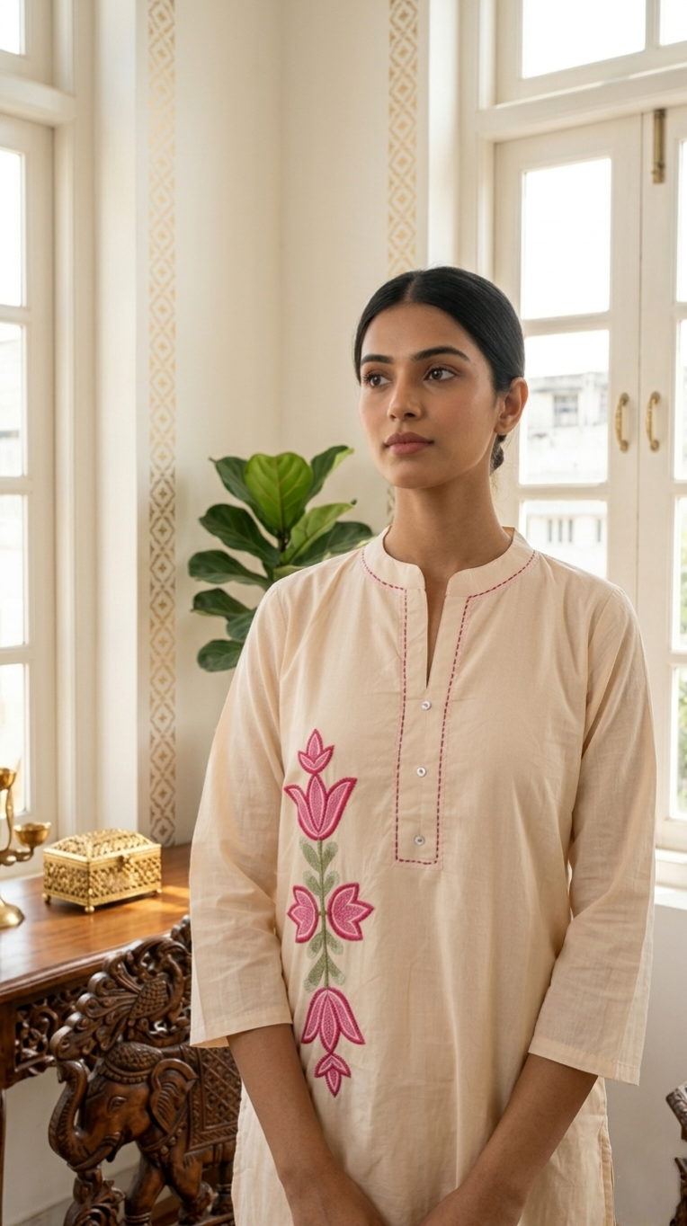 Women Cream Thread Work Cotton Kurta Pant Set