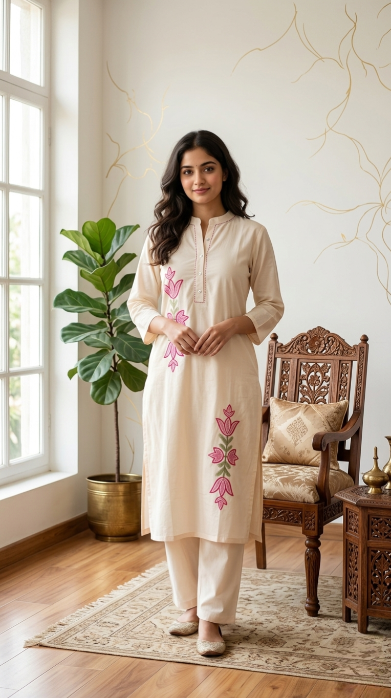 Women Cream Thread Work Cotton Kurta Pant Set