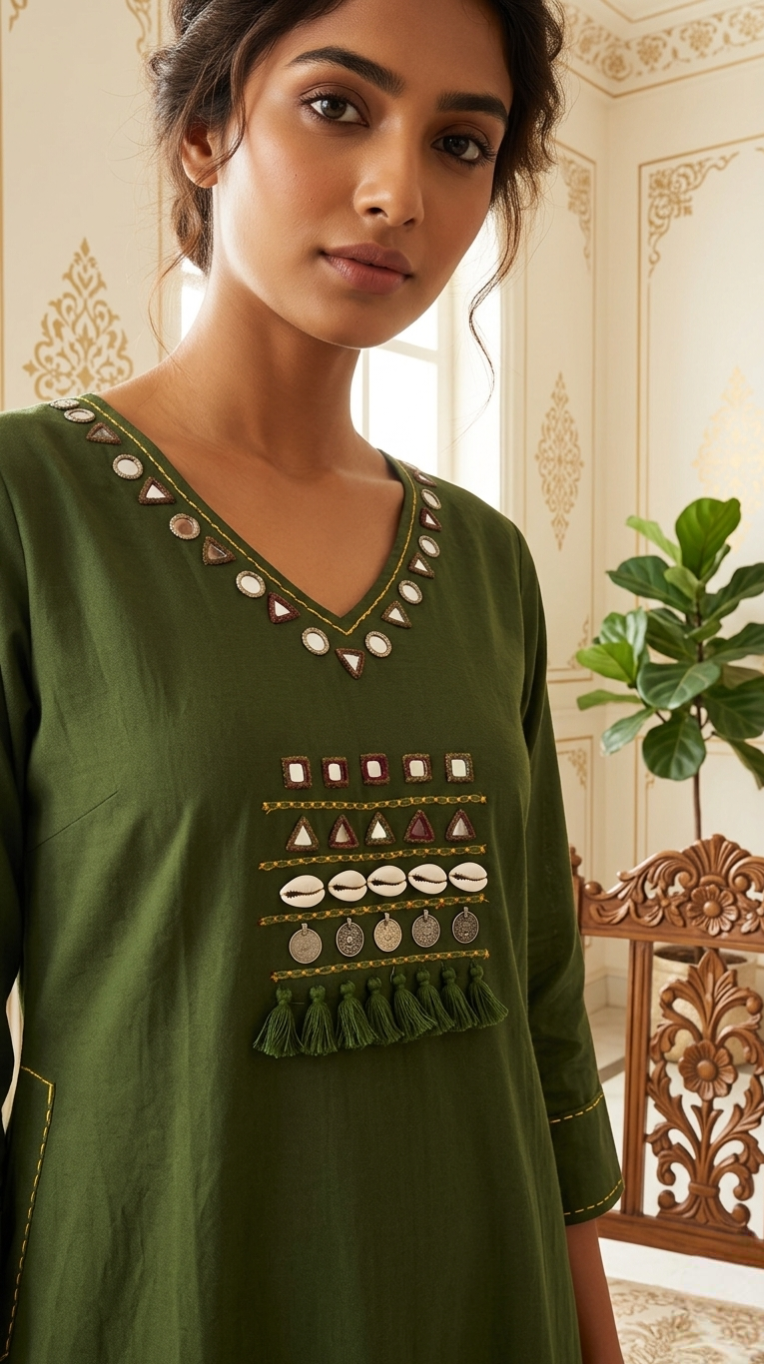 Women Mehandi Mirror Work Cotton Kurta Pant Dupatta Set
