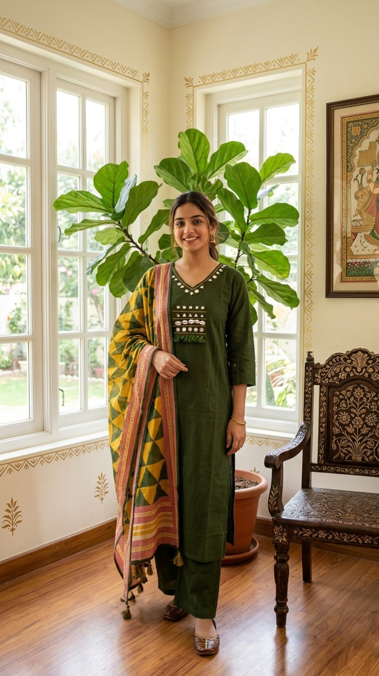 Women Mehandi Mirror Work Cotton Kurta Pant Dupatta Set