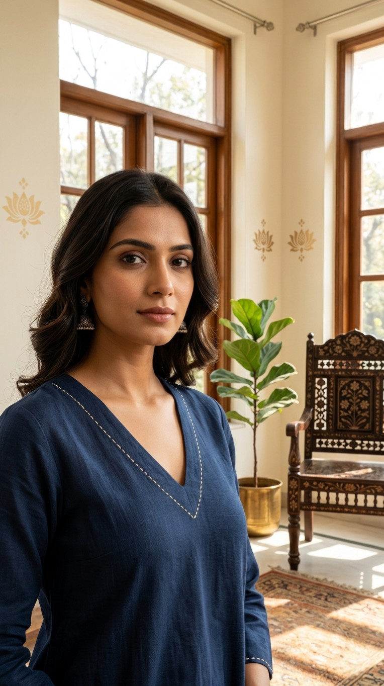 Women Navy Blue Thread With Patch Work Cotton Kurta Pant Dupatta Set