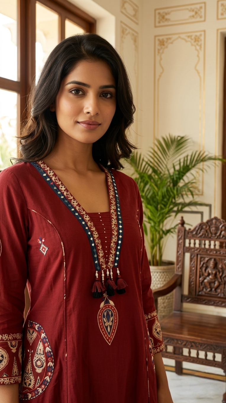 Women Rust Mirror Work Cotton Kurta Pant Dupatta Set