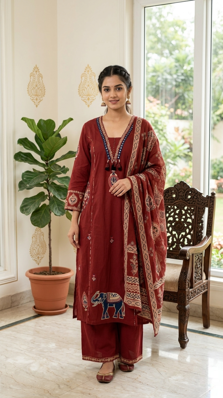 Women Rust Mirror Work Cotton Kurta Pant Dupatta Set