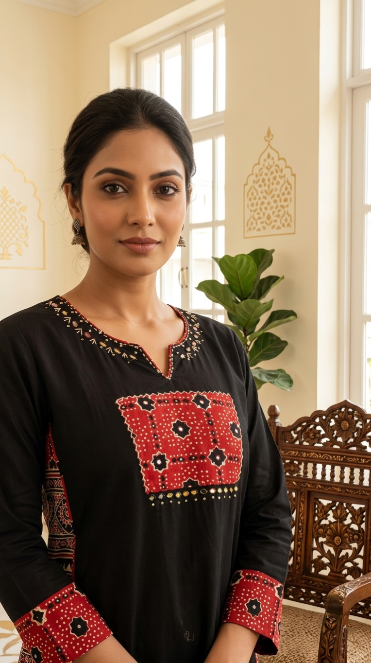 Women Black Patch With Mirror Work Cotton Kurta Plazo Dupatta Set
