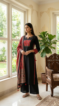 Women Black Patch With Mirror Work Cotton Kurta Plazo Dupatta Set