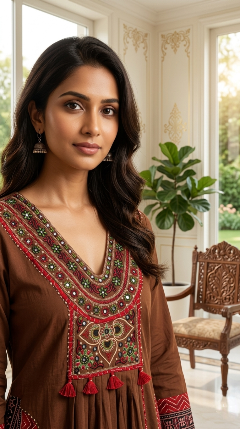 Women Coffee Patch Work Cotton Kurta Pant Dupatta Set
