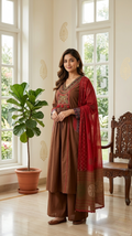 Women Coffee Patch Work Cotton Kurta Pant Dupatta Set