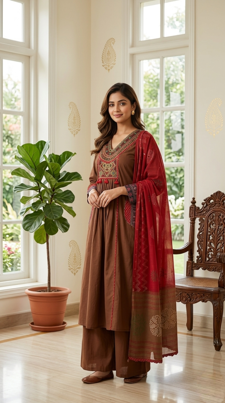 Women Coffee Patch Work Cotton Kurta Pant Dupatta Set