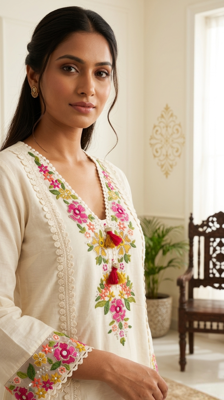 Women Off WhiteLace Work With Floral Embroidery Mul Cotton Kurta Pant Dupatta Set