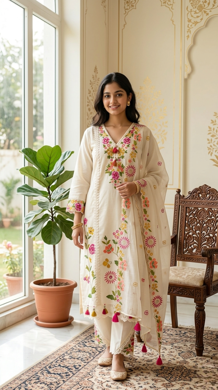 Women Off WhiteLace Work With Floral Embroidery Mul Cotton Kurta Pant Dupatta Set